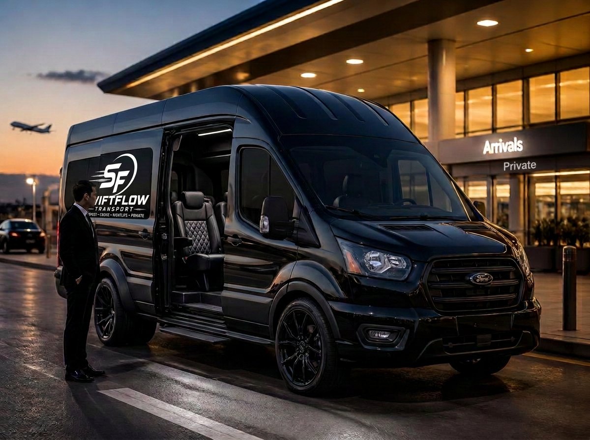 SwiftFlow van and chauffeur at the airport arrivals curb