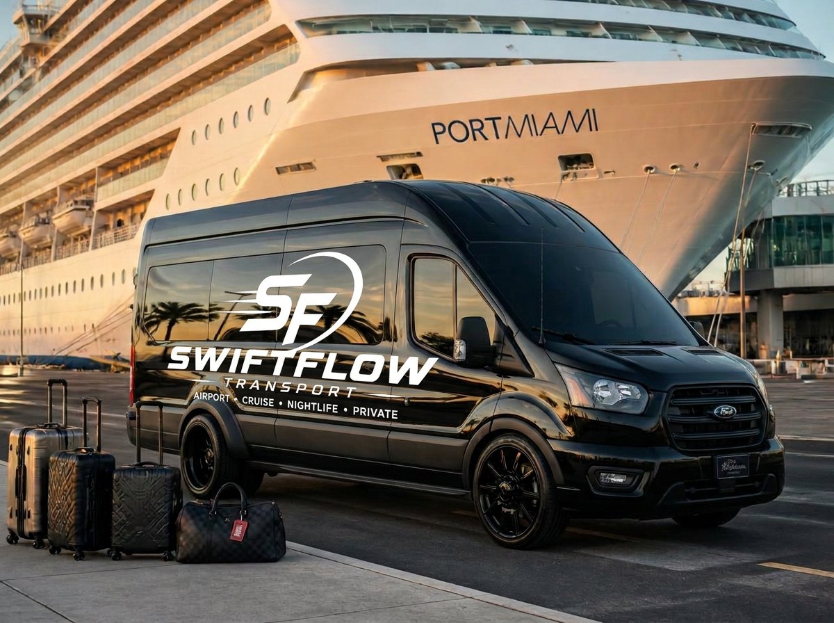 SwiftFlow van waiting at the PortMiami cruise terminal