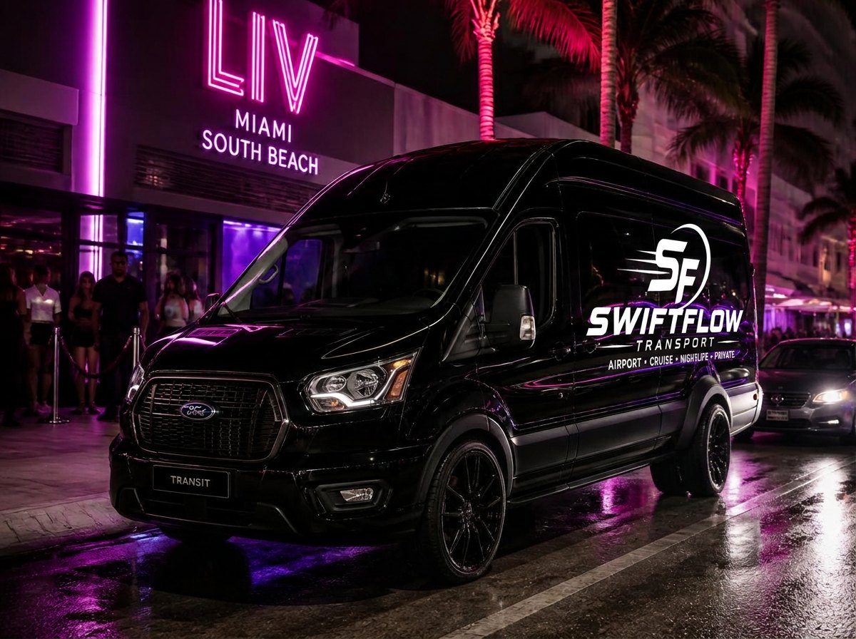 SwiftFlow van outside a neon-lit South Beach nightclub