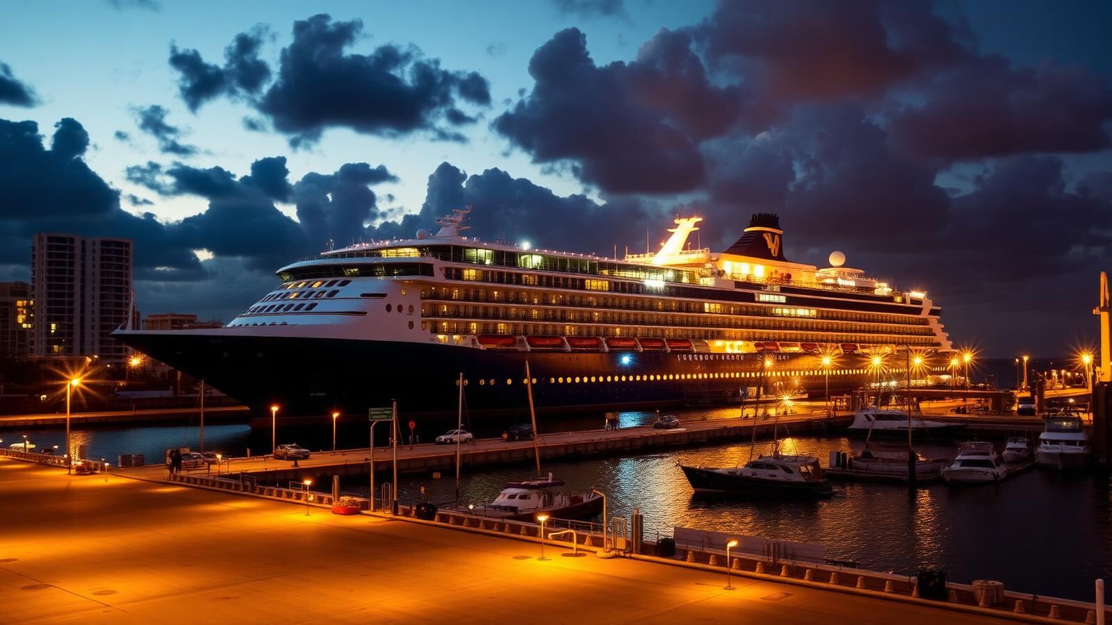 Cruise ship docked at PortMiami at dusk