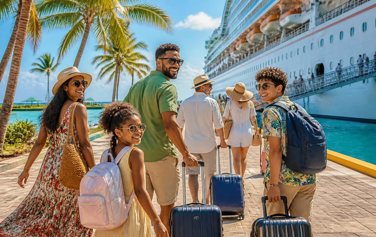 Happy family with suitcases walking toward a cruise ship on a sunny day