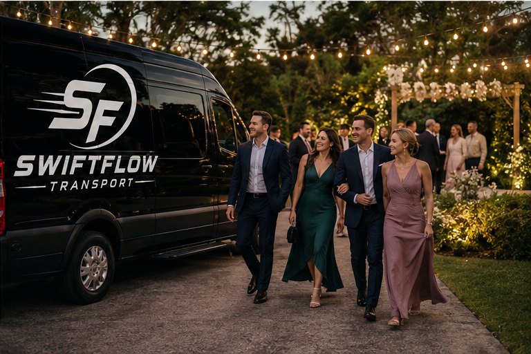 Elegant group walking near the SwiftFlow van at an outdoor wedding venue