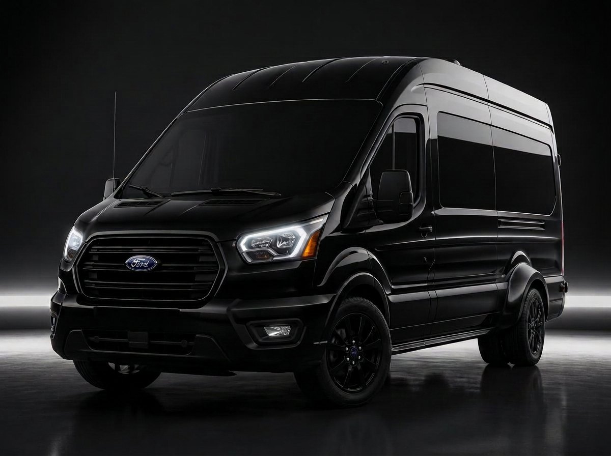 Front three-quarter view of the blacked-out SwiftFlow high-roof van