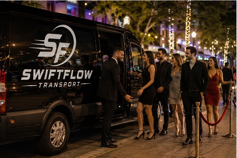 Friends in evening wear boarding the SwiftFlow van at night in Miami