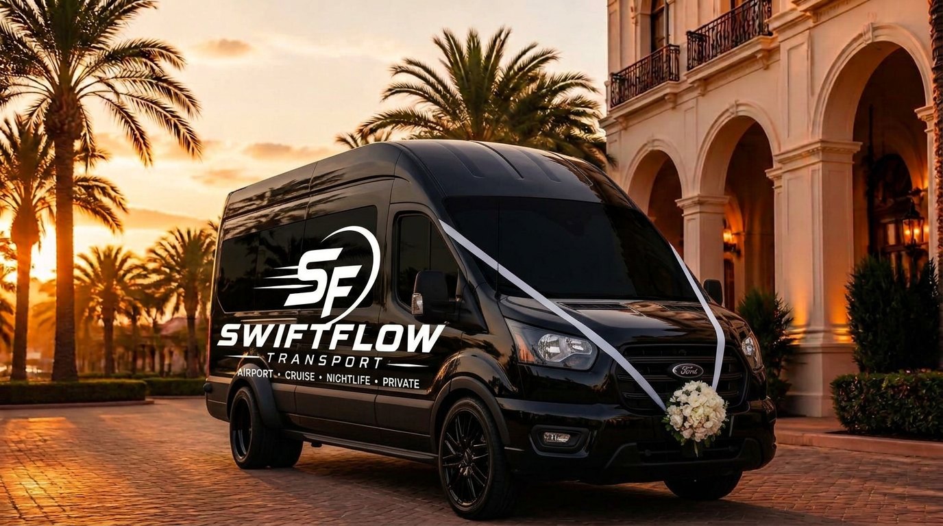 Black luxury van decorated for a wedding outside a Miami venue