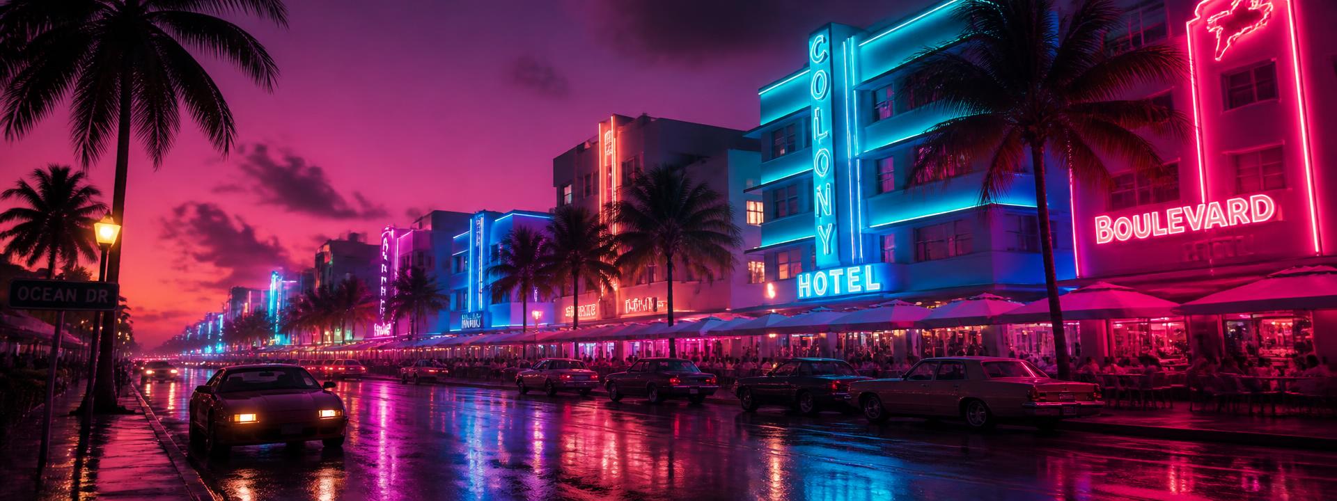Neon-lit art deco hotels on Ocean Drive at night