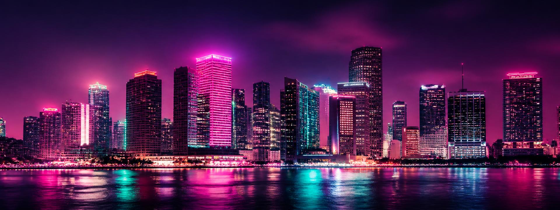 Miami skyline glowing pink and teal at night