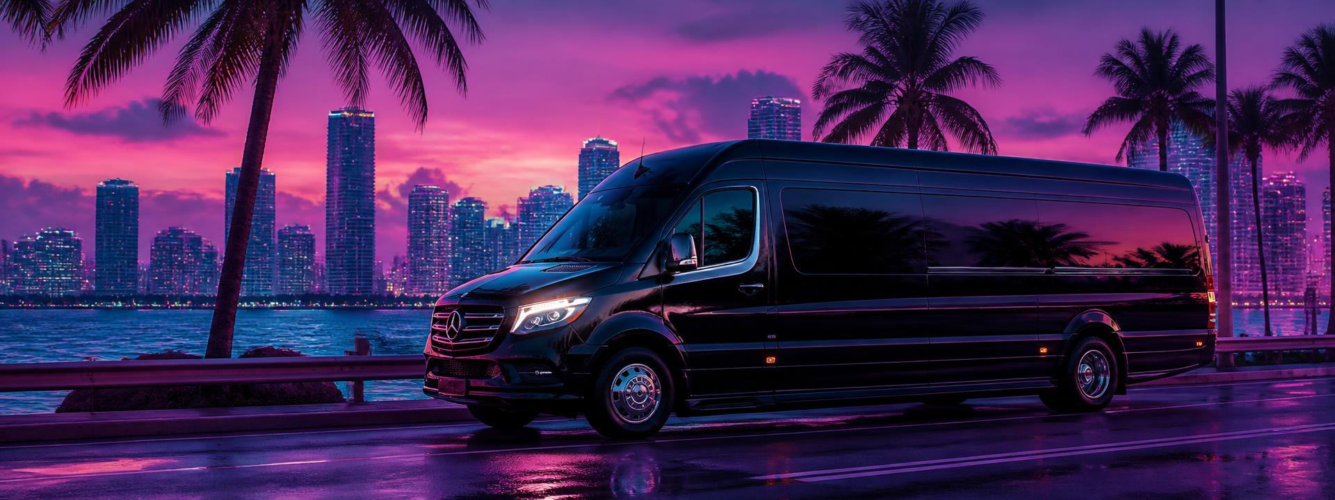 Black luxury SwiftFlow van on a Miami causeway at sunset